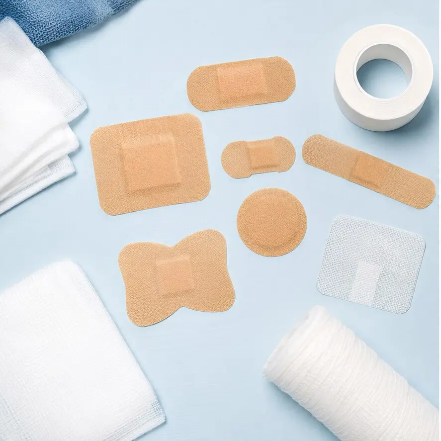 Assortimento generico di cerotti, garze e nastro medicale