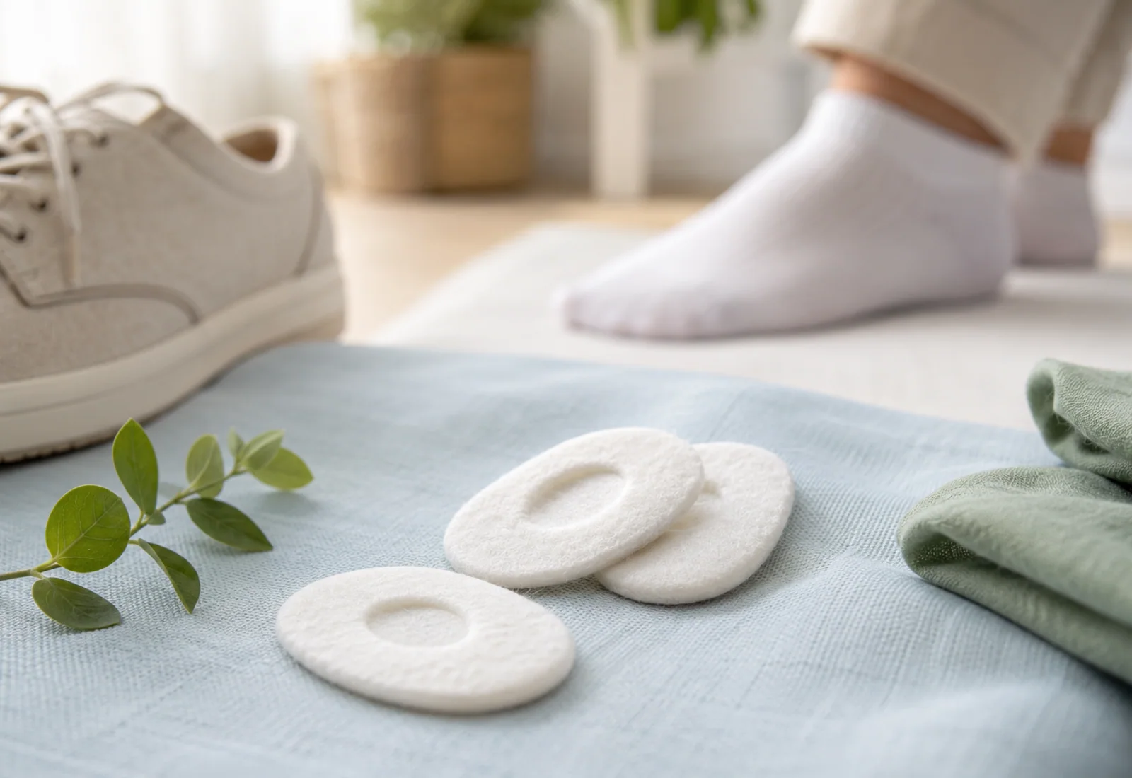 Paracalli ovali in feltro accanto a una calzatura comoda e a un piede sano