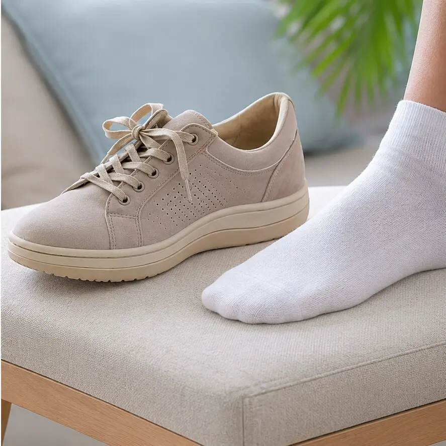 Scarpa comoda accanto a un piede protetto da una calza